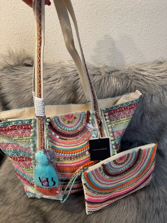 NWT America & Beyond Multicolor Embroidered Tote with Zip Pouch Set - Picture 1 of 13